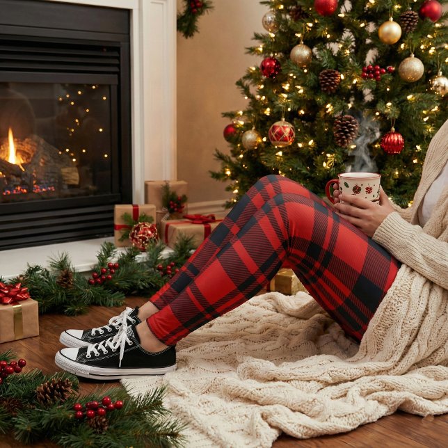 Röd svart Buffalo-rutig julfirande Leggings (Skapare uppladdad)