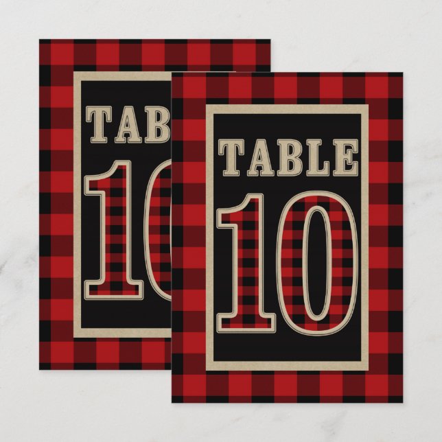 Röd & Svart Buffel Plaid Rustik Bord Nummer 10 Inbjudningar (Fram/baksida)