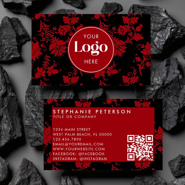 Röd & Svart Damast Anpassad Logotyp QR-kod Mall Visitkort (Skapare uppladdad)
