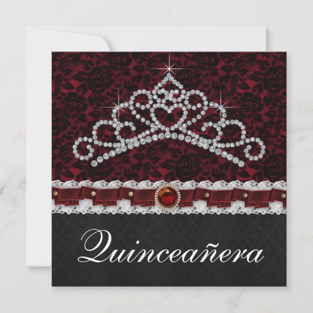 Röd svart damast tiara Röd svart Quinceanera Inbjudningar (Framsida)