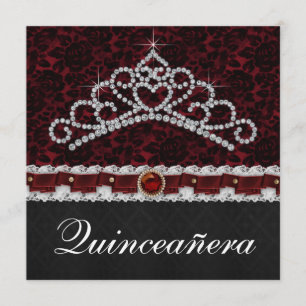 Röd svart damast tiara Röd svart Quinceanera Inbjudningar