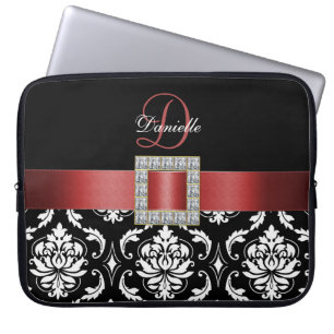 RÖD SVART DAMASTAST MONOGRAM LAPTOP FODRAL