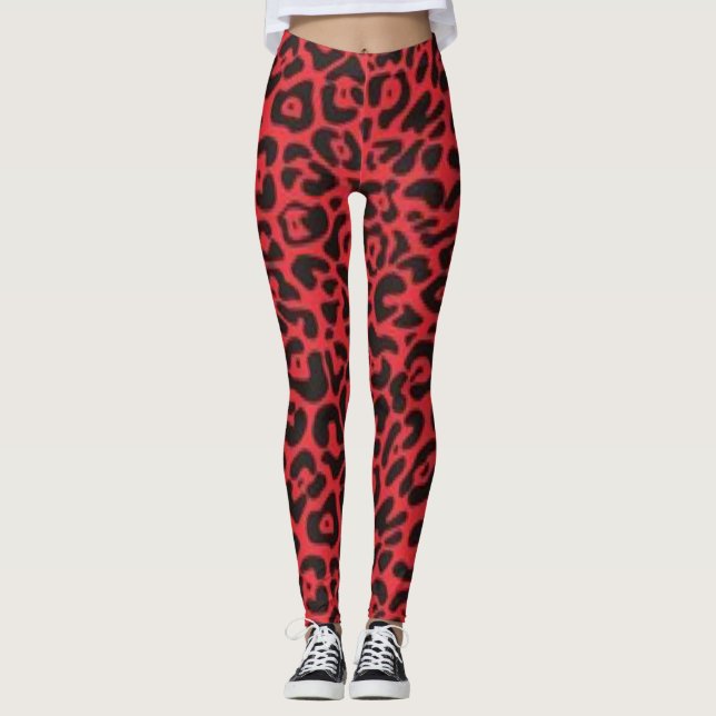 Röd svart design för Leopardmönstertryck Leggings (Framsida)