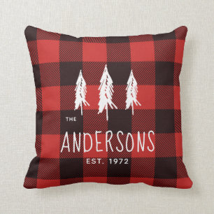 Röd & svart flanellplädMonogram för lantligt la Kudde