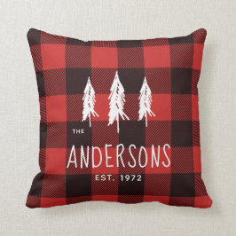 Röd & svart flanellplädMonogram för lantligt land Kudde