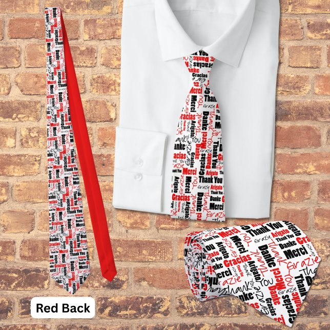 Röd Svart Flerspråkig Tacksamhet Typografi Collage Slips (Red and black multilingual thank you word cloud with red back. )