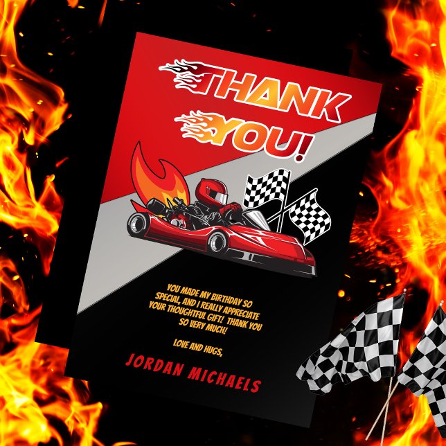 Röd | Svart Go Kart Racing Födelsedag  Tack Kort (Red and Black Go Kart Racing Kid's Birthday Party Thank You Card)