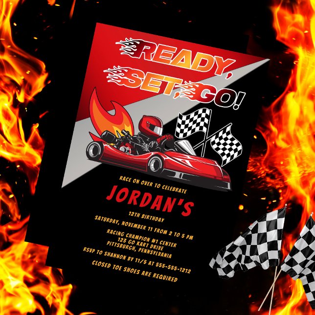 Röd | Svart Go Kart Tävla Birthday-inbjudan Inbjudningar (Red and Black Go Kart Racing Birthday Invitation)