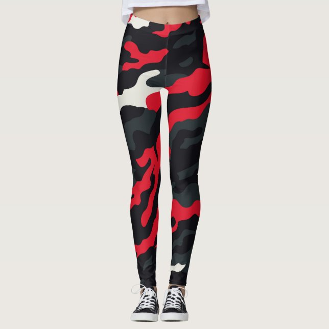 Röd Svart Grå Vit Kamouflage Kamouflage Mönster Leggings (Framsida)
