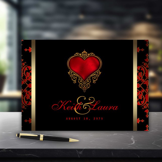 Röd Svart Guld Bröllop Gästbok (Elegant red black and gold wedding and event guestbook. )