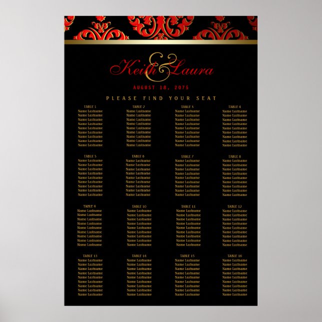 Röd Svart Guld Bröllops Sittplatskarta Poster (Framsidan)