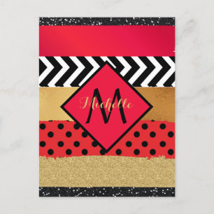 Röd Svart Guld Glitter Penseldrag Monogram Vykort