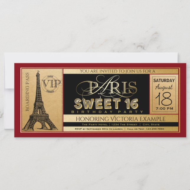 Röd svart guld Paris Sweet 16 biljett inbjudan (Framsida)