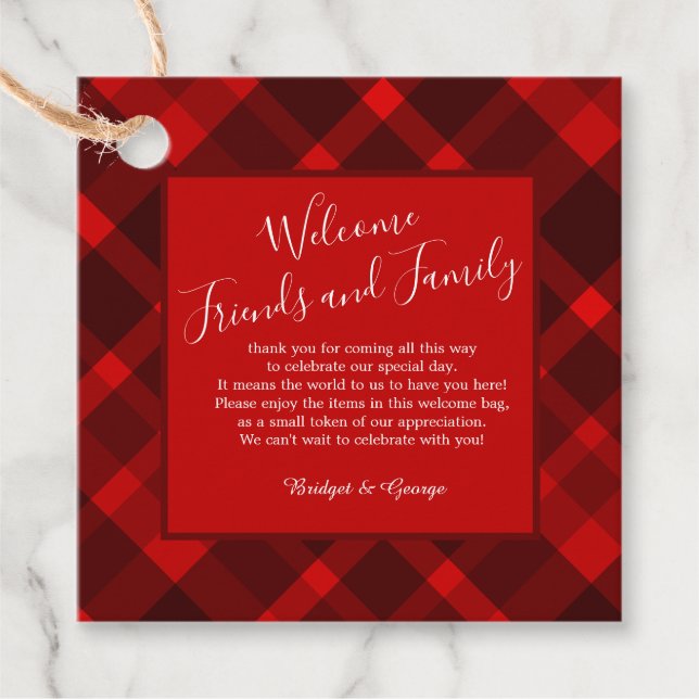 röd svart, keltisk tartan bröllop mönster gåvor etiketter (Framsida)