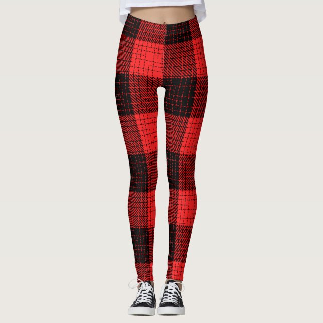 Röd svart korsstreckad Buffalo-ruta Leggings (Framsida)