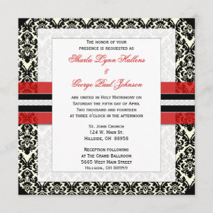 Röd, svart och damastast bröllopinbjudan för vit inbjudningar