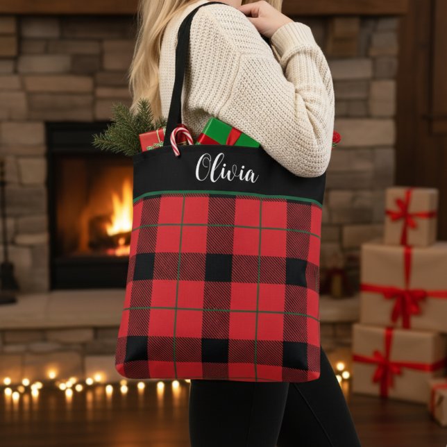Röd, svart och Grönt Julplagt Anpassningsbar Tygkasse (Red, Black and Green Christmas Plaid Custom Tote Bag - Just Add Your Name!)