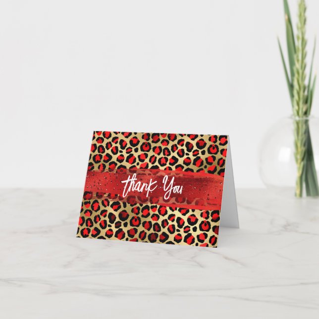 Röd svart och guld folie leopard penseldrag tack kort (Framsida)