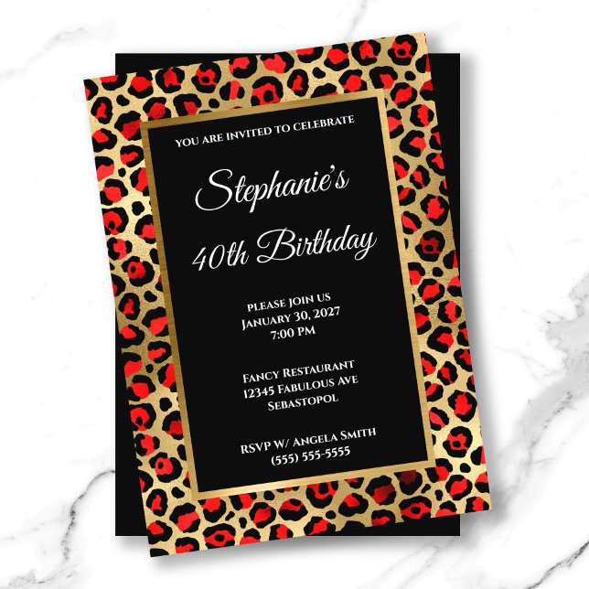 Röd Svart och Guld Leopard Glam 40-årsdag Inbjudningar (Red Black and Gold Leopard Glam 40th Birthday Invitation)