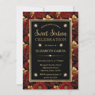 Röd Svart och Guld Marmor Blommig Sweet Sixteen Inbjudningar