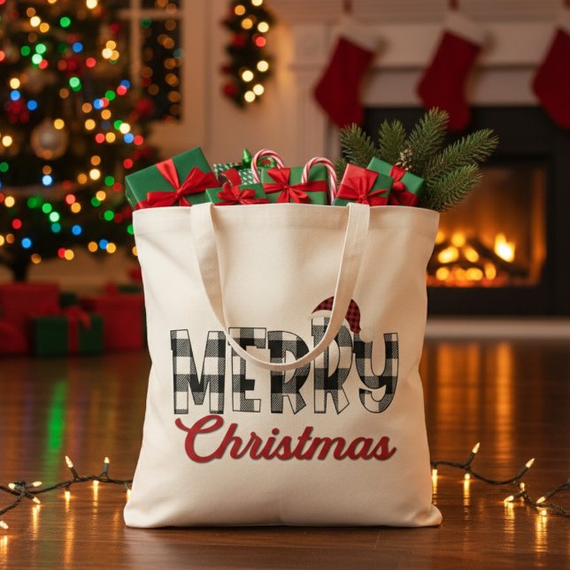 Röd, svart och vit buffalo Play God jul Tygkasse (Red, Black and White Buffalo Plaid Merry Christmas Tote Bag)