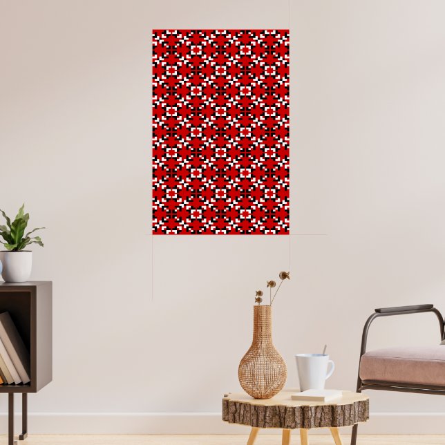 Röd, svart och vit geometrisk pixelmönster poster (Vardagsrum 3)