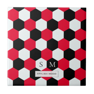 Röd, svart och vit hexagon Monogram Kakelplatta