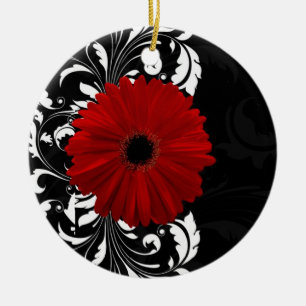 Röd, svart och vit Rulla Gerbera Daisy Julgransprydnad Keramik