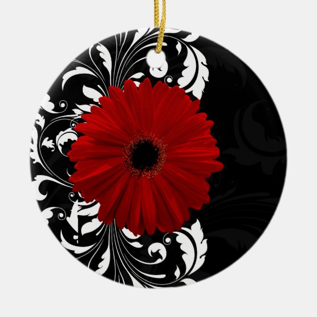 Röd, svart och vit Rulla Gerbera Daisy Julgransprydnad Keramik (Framsidan)