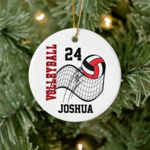 Röd, svart och vit volleyboll julgransprydnad keramik