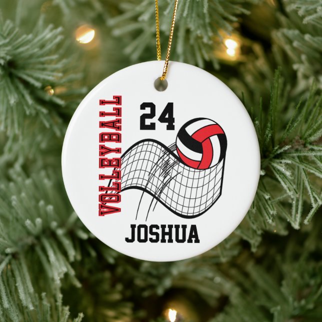 Röd, svart och vit volleyboll julgransprydnad keramik (Träd)