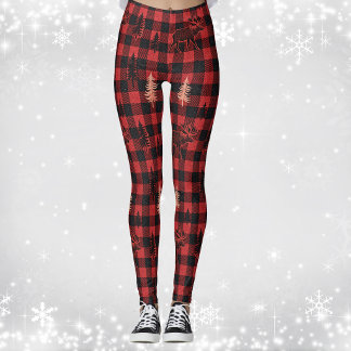 Röd svart rutmönstrad tartan älg stuga landsbygd leggings