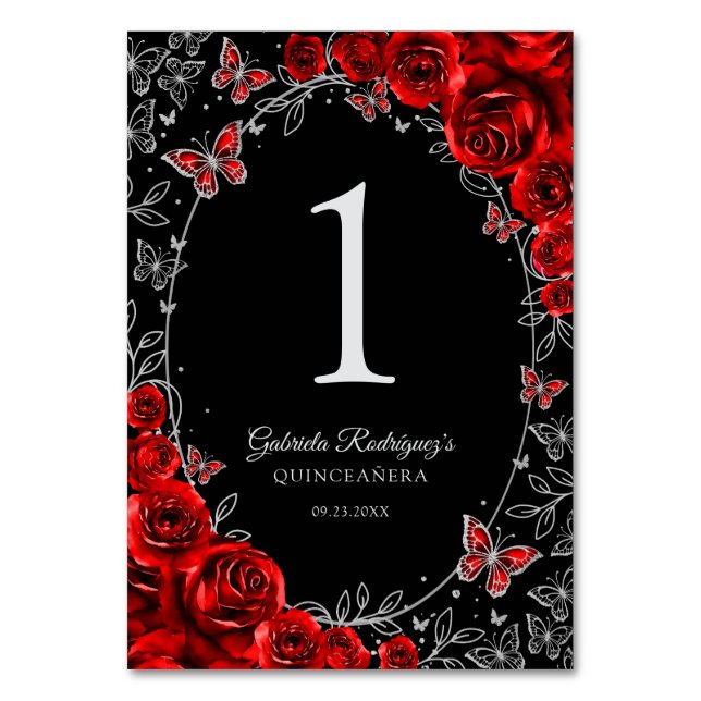 Röd Svart Silver Quinceanera Bordsnummer (Framsidan)