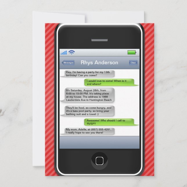Röd/Svart Smart Telefon iParty Födelsedagsfest Inbjudningar (Framsida)