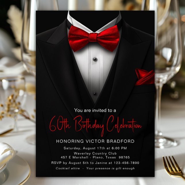 Röd svart smoking herr födselnummer inbjudningar (Tuxedo and red tie any number birthday and event invitation. Simply add your event details.)