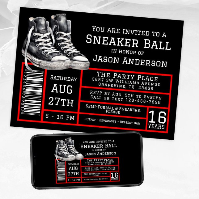 Röd svart Sneaker Ball Födelsedagsfest  Inbjudningar (Boy red black sneaker ball invitations shoe label style. Available for instant download and print.)