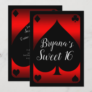 Röd & Svart Spade Glam Casino Sweet 16-fest Inbjudningar