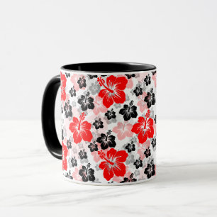 Röd Svart Tropisk Hibiskus Blommig Tryck Mugg