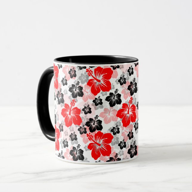 Röd Svart Tropisk Hibiskus Blommig Tryck  Mugg (Framsida vänster)