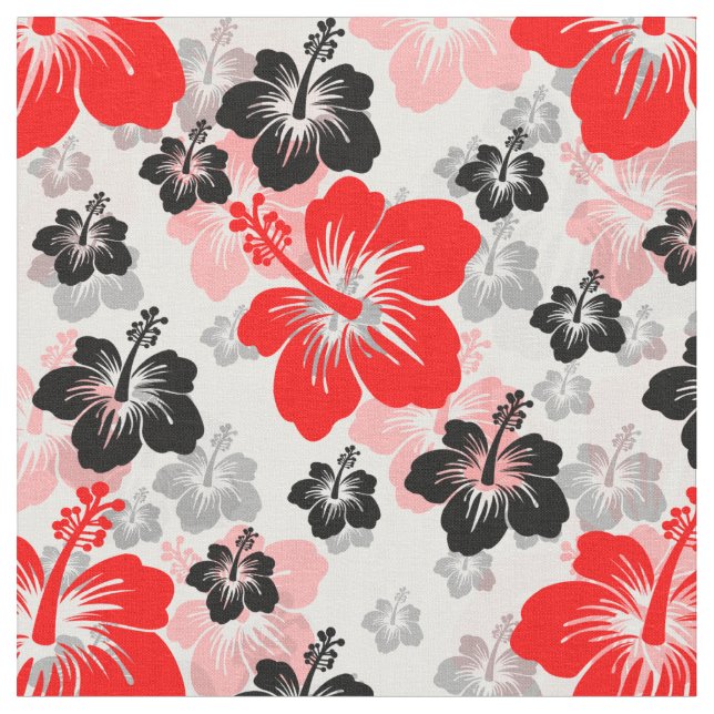 Röd Svart Tropisk Hibiskus Blommig Tryck  Tyg (Närbild)