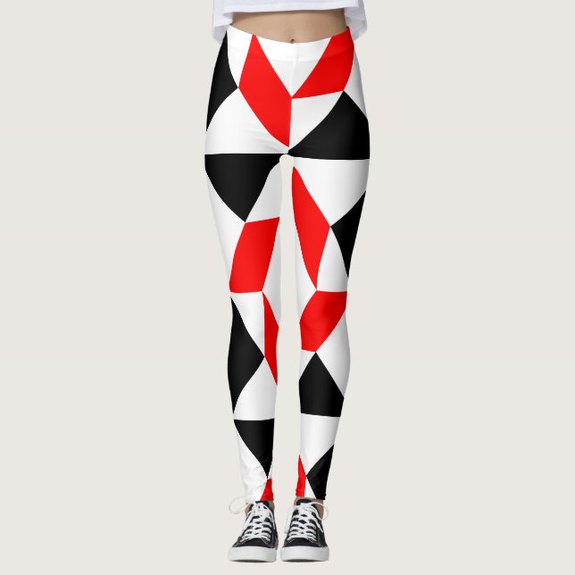 Röd svart vit abstrakt, geometrisk mönster leggings (Framsida)