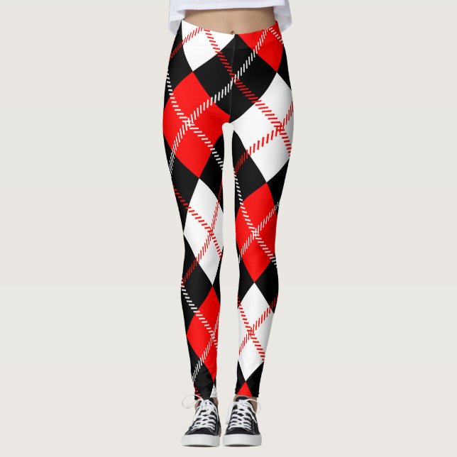 Röd Svart Vit Argyle Plaid  Leggings (Framsida)