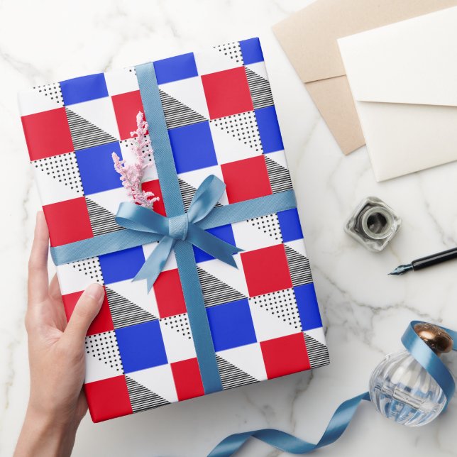Röd svart vit & blå geometrisk mönsterestetik presentpapper (Gifting)