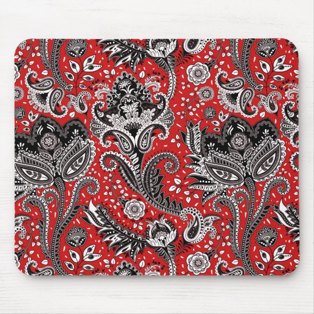 Röd Svart & Vit Blommig Paisley Boheme Boho Musmatta (Framsidan)
