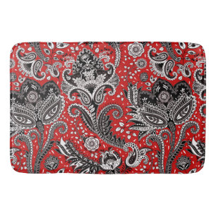 Röd Svart & Vit Blommig Paisley Bohemer Boho Badrumsmatta