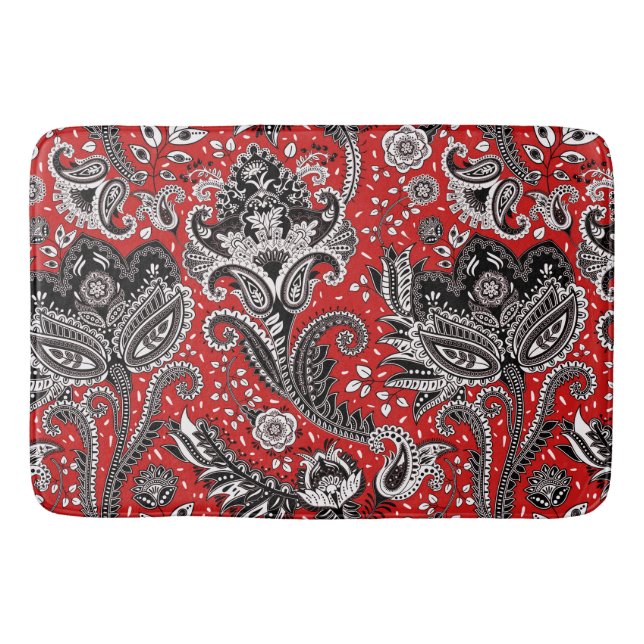 Röd Svart & Vit Blommig Paisley Bohemer Boho Badrumsmatta (Framsidan)