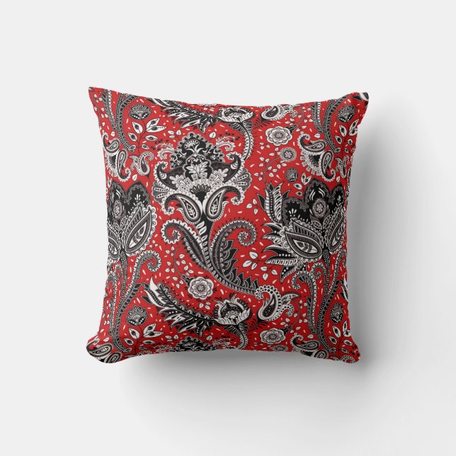 Röd Svart & Vit Blommig Paisley Bohemer Boho Kudde (Framsida)