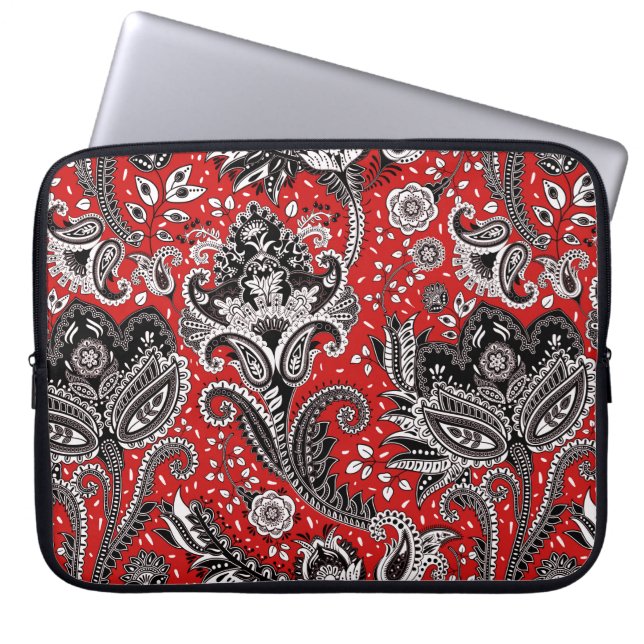 Röd Svart & Vit Blommig Paisley Bohemer Boho Laptop Fodral (Framsidan)