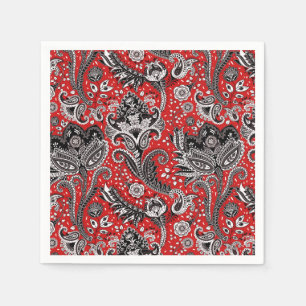 Röd Svart & Vit Blommig Paisley Bohemer Boho Pappersservett