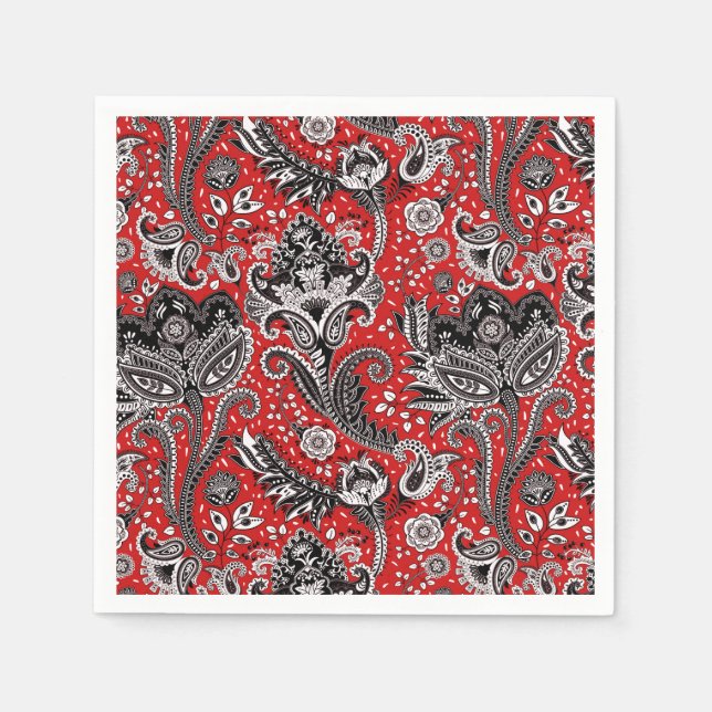Röd Svart & Vit Blommig Paisley Bohemer Boho Pappersservett (Framsidan)